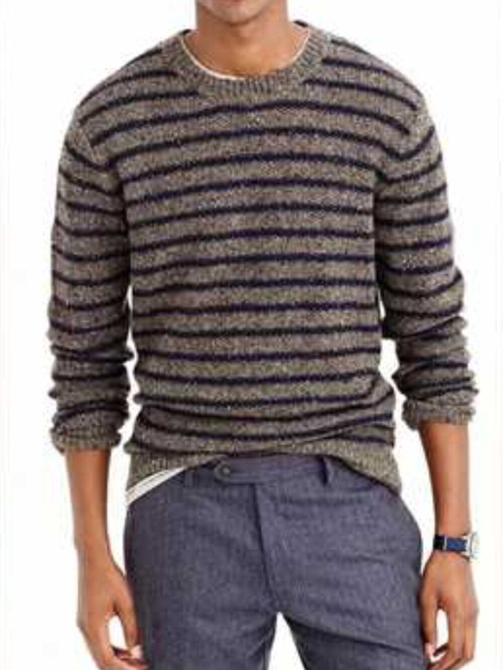 J.Crew Donegal Wool Blend Sweater Men L Gray Stripe Fisherman Knit Casual Cozy